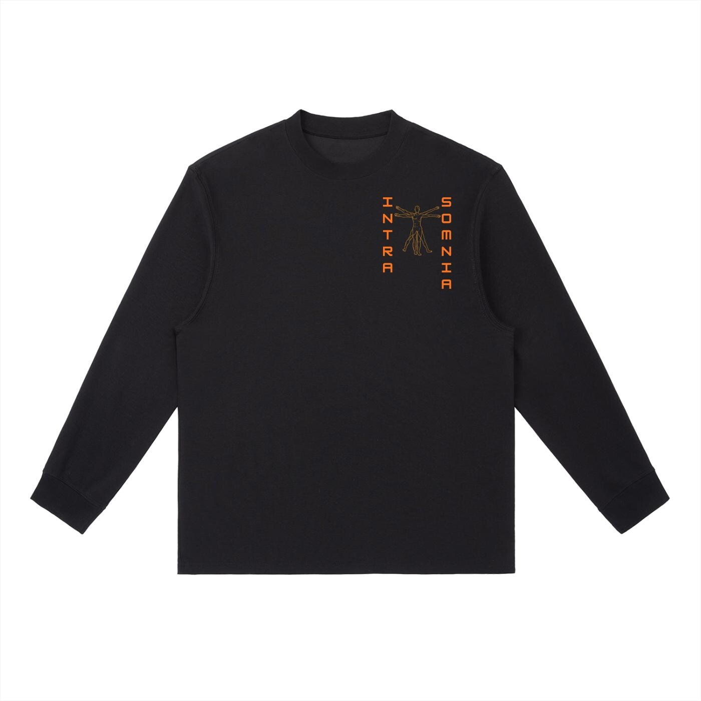 Long-Sleeve T-Shirt - Universal Duality 001 — front view, black long-sleeve top with a small orange Vitruvian figure and vertical orange text at the chest