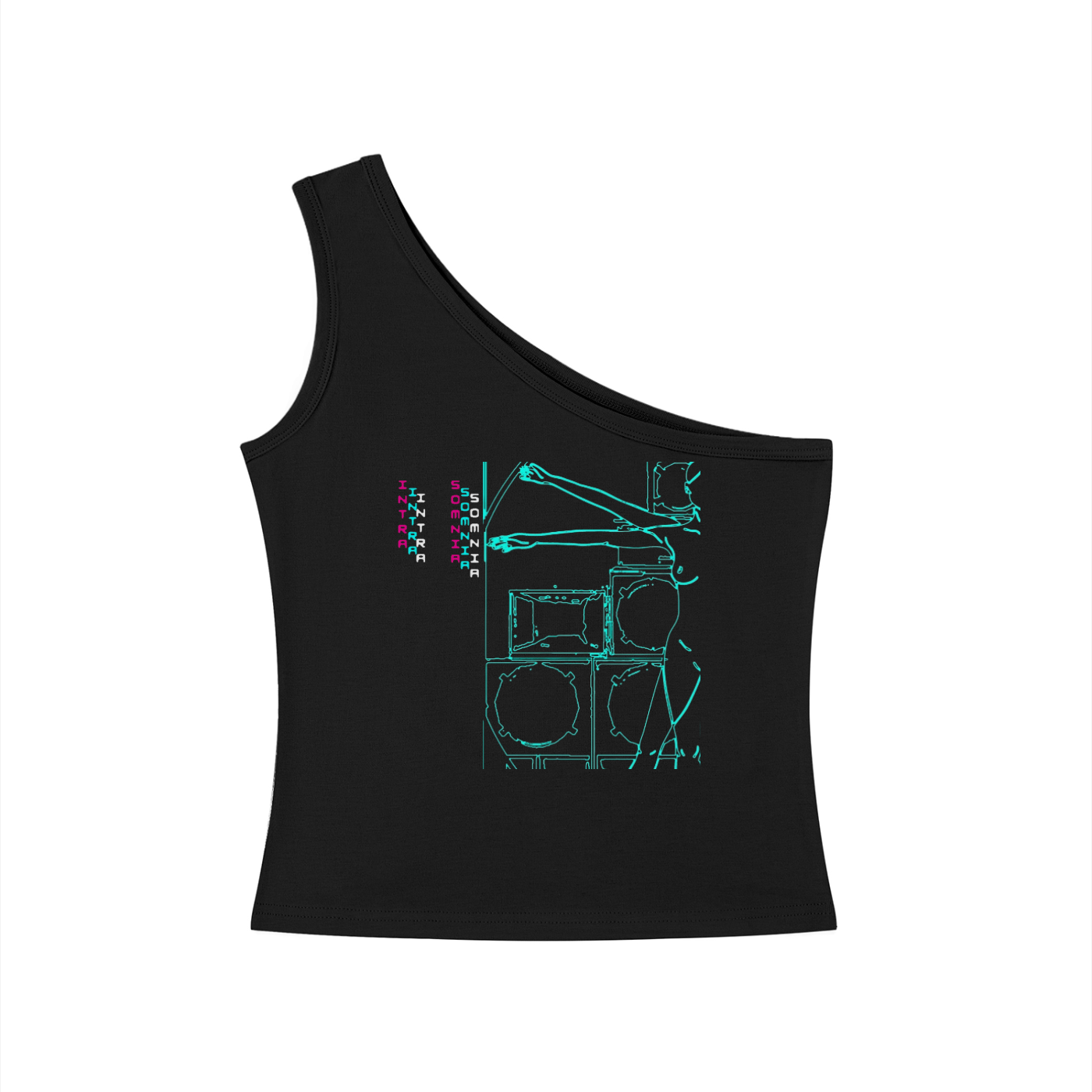 Women's One-Shoulder Crop Tank Top - Neon Lines — front view, black one-shoulder crop tank top with vertical INTRA SOMNIA glitch text and a neon cyan line drawing of a figure with outstretched arms over a wall of speakers