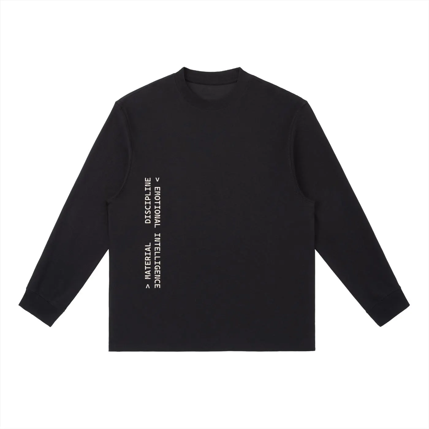 Long Sleeve T-Shirt - Intrasomnia Abstract Series: 001 — front view, black long-sleeve crewneck with vertical white text reading MATERIAL DISCIPLINE and EMOTIONAL INTELLIGENCE at the side